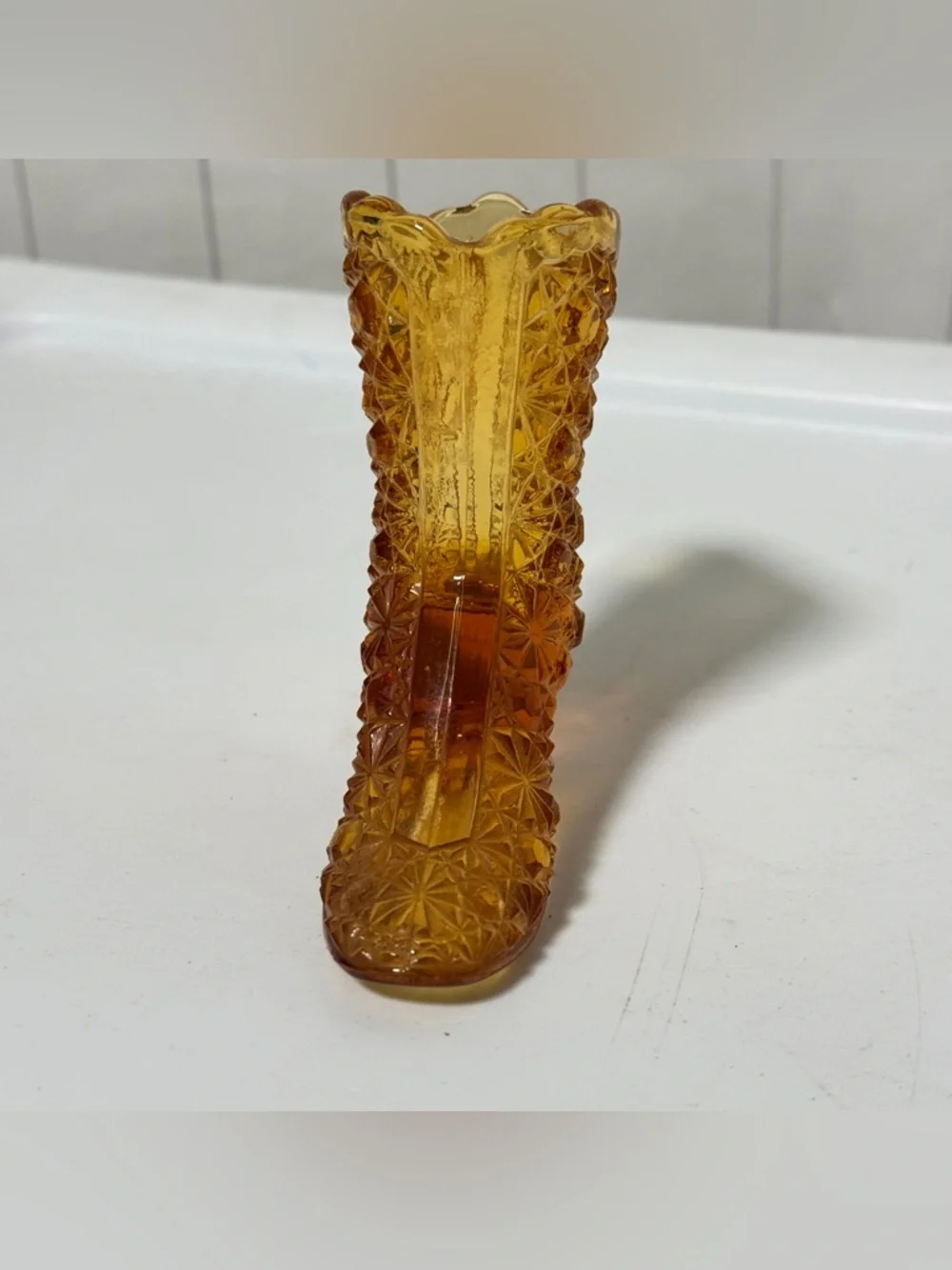 Vintage Fenton Amber‎ Glass Daisy Button Boot Tall Victorian Shoe Figurine Decor